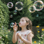 A sun-drenched garden scene with a girl happily blowing bubbles, capturing the essence of carefree childhood play.