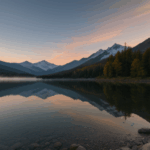 Sunrise landscape photography capturing the serene beauty of a mountain lake, with reflections and vibrant colors creating a stunning scene.