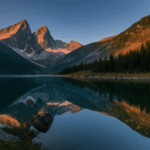 Sunrise over a quiet mountain lake, with the first light of day casting warm reflections on the water, surrounded by majestic mountains.