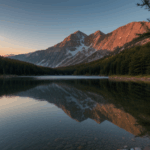 Sunrise reflection on a mountain lake, with tranquil waters mirroring the vibrant sky, creating a breathtaking and peaceful scene.
