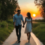 Sunset couple goals: walking hand in hand under the golden glow of the setting sun.