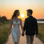 Sunset couple magic captured as they walk hand in hand, embracing the moment.