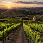 Sunset light cascading over a vineyard, highlighting the natural beauty of the landscape in warm tones.