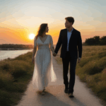 A couple's love journey at sunset, walking hand in hand under the golden sky.