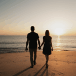 Love story unfolds during a romantic sunset walk.