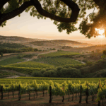 Sunset casting a warm glow over vineyards, creating a picturesque landscape.