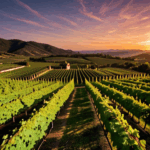 Sunset over wine country, with the vineyard horizon beautifully lit by the fading golden sun.