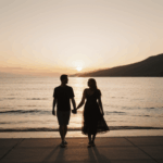 A romantic couple's sunset walk filled with serenity.