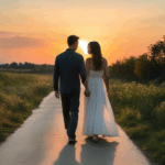 Sunset romance magic as a couple walks hand in hand, embraced by the evening light.
