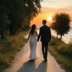 Sunset romance walk as a couple holds hands, enveloped by the beauty of dusk.