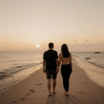 Captivating shot of a couple walking during sunset.