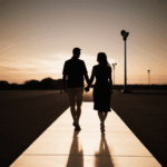 A romantic couple's evening stroll at sunset.