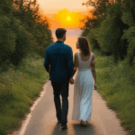 A couple walks hand in hand during a picturesque sunset, enjoying a peaceful moment together.