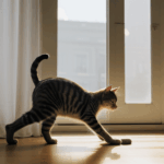A morning stretch in the sun, a cat enjoys the warmth and peace.