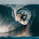 A surfer skillfully rides a towering big wave, showcasing mastery of the ocean's power and the excitement of surfing.
