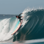 A surfer escaping reality on a giant wave, capturing the essence of freedom and adventure.