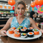 Sushi art in motion with a focus on vibrant presentation.