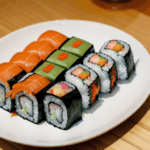 A creative sushi creation featuring unique designs and a burst of vibrant ingredients.