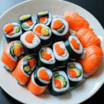 Fresh sushi creations displayed with an emphasis on color.