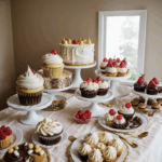 A close-up of a dessert table featuring an assortment of gourmet cupcakes, each with intricate frosting designs, ready to be enjoyed.