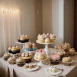 An enticing display of tempting cupcakes on a dessert table, showcasing different flavors and creative decorations, perfect for celebrations.