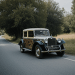 Timeless car beside a country roadside, representing the classic allure and serene beauty of vintage vehicles in rural settings.