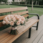 Vibrant rose bouquet on a rustic bench, capturing the essence of romance.