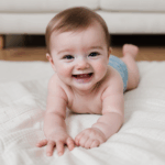 A toddler happily crawling on a soft, cozy blanket.