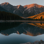 A tranquil dawn scene with a serene mountain lake reflecting the soft colors of sunrise, surrounded by natural beauty and peacefulness.