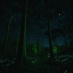 A tranquil forest under moonlight, where fireflies illuminate the night with their gentle glow.