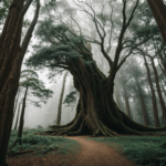 A tranquil forest landscape with towering trees, offering a serene escape into nature's embrace.
