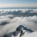 A tranquil mountain-scape with a snowy peak nestled among clouds, highlighting the peace of remote nature spots.