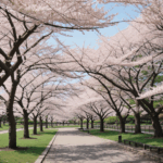 Tranquil oasis with cherry trees and gentle breeze, perfect for relaxation.