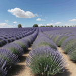Tranquil scenery featuring purple lavender flowers in full bloom under a sunny sky.
