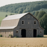 Tranquil scene of a rustic barn surrounded by scenic fields.