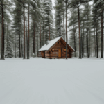 Tranquil winter cabin nestled in a serene, snow-covered forest.