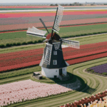 A traditional windmill set against a backdrop of colorful tulip fields, creating a picturesque scene full of charm.