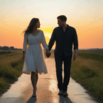 Twilight romance unfolds as a couple walks hand in hand under the evening sky.