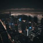 An urban night scene filled with dynamic lighting and architectural wonders that create a lively, bustling atmosphere.