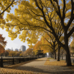 A tranquil city park scene with pathways lined with fallen autumn leaves, creating a serene autumn atmosphere.