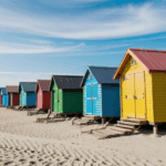 A row of vibrant beach huts in a spectrum of colors along the coast