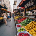 Vibrant produce market filled with colorful fruit stalls, showcasing a variety of fresh options.
