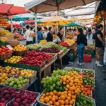 A bustling street market filled with vibrant, colorful fresh fruits, showcasing the rich variety of produce available.