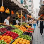 A vibrant street market bustling with colorful fruit stalls filled with fresh produce and exotic fruits.