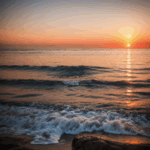 Vibrant sunset colors over a calm ocean, creating a breathtaking view as the sun dips below the horizon, casting a warm glow across the sky.