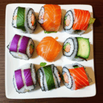 A close-up of a vibrant sushi platter, featuring an assortment of colorful rolls that highlight the artistry of sushi making.