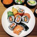 A vibrant plate of sushi rolls featuring a variety of colors and textures, ready to be savored.