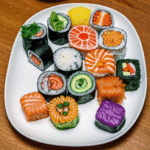 A vibrant display of colorful sushi rolls arranged artfully on a plate.