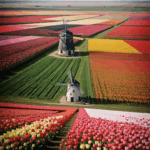 A vibrant display of tulips surrounds a historic windmill, painting a picturesque scene of colorful blooms and architectural elegance.