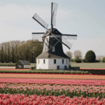Vivid tulip fields stretch towards the horizon with a majestic windmill rising in the background, capturing the essence of Dutch scenery.